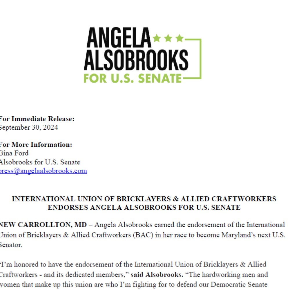 International Union of Bricklayers & Allied Craftworkers endorses Angela Alsobrooks for U.S. Senate